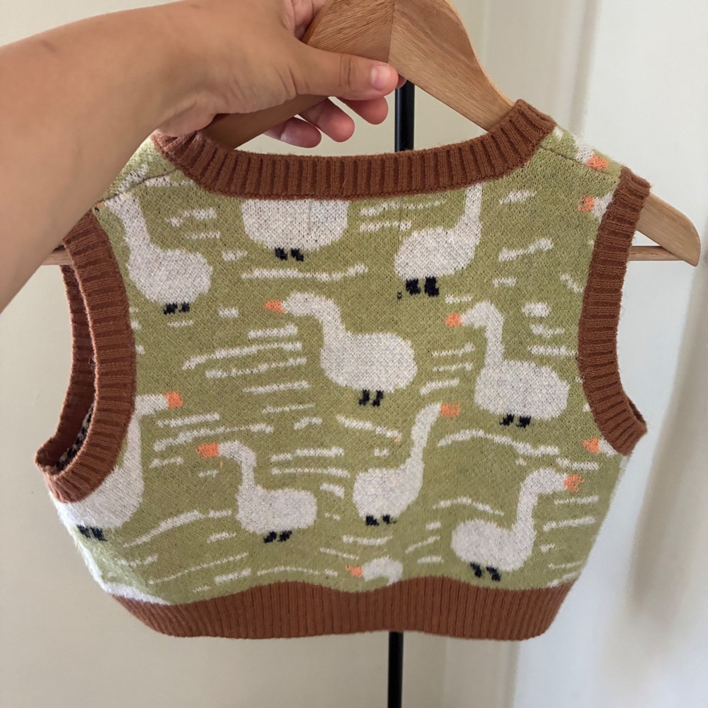 Cider Women Green Brown Swan Goose Knit V-Neck Sweater Vest Small Cottagecore - Picture 4 of 5